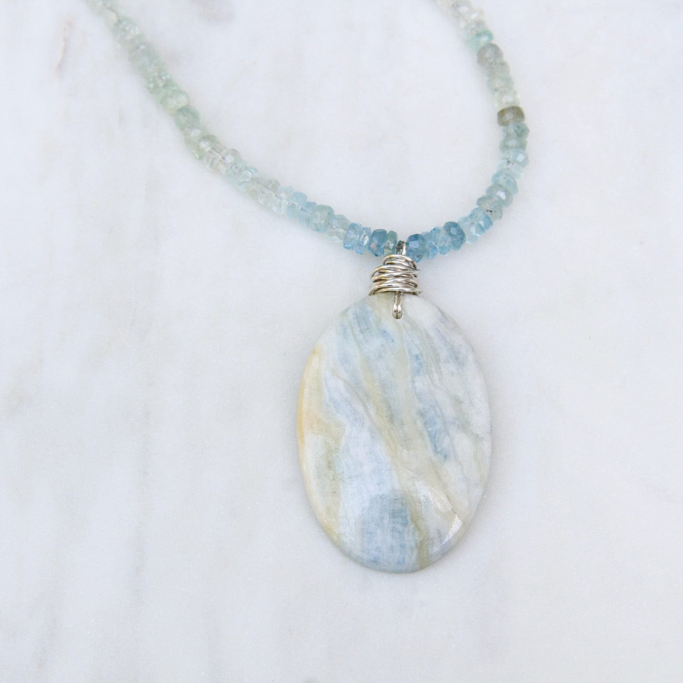 NKL Strung Shaded Aquamarine with Argonite Pendant Necklace