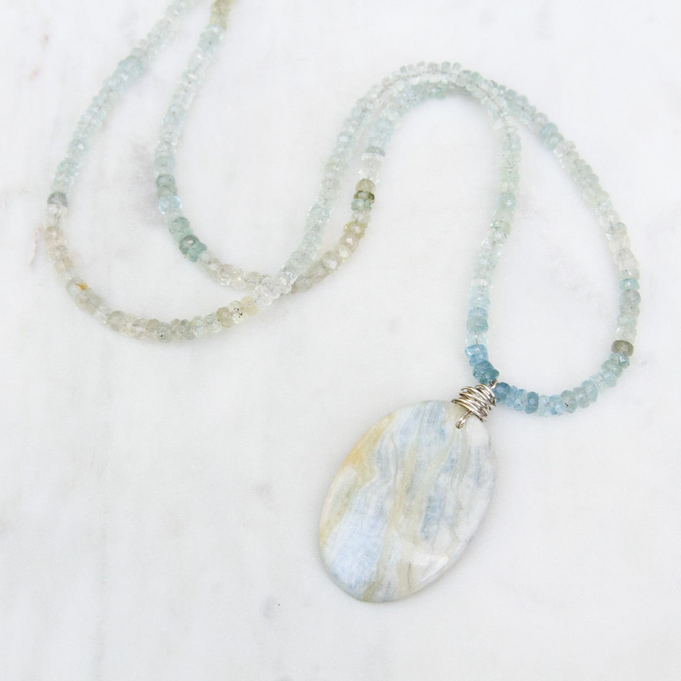 NKL Strung Shaded Aquamarine with Argonite Pendant Necklace