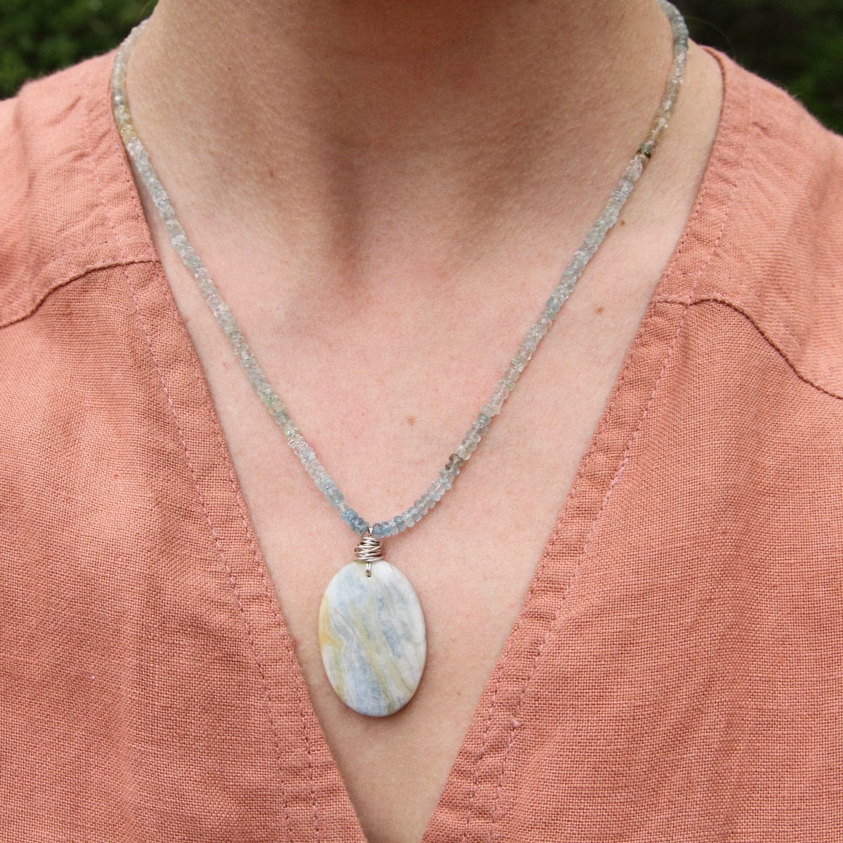 NKL Strung Shaded Aquamarine with Argonite Pendant Necklace