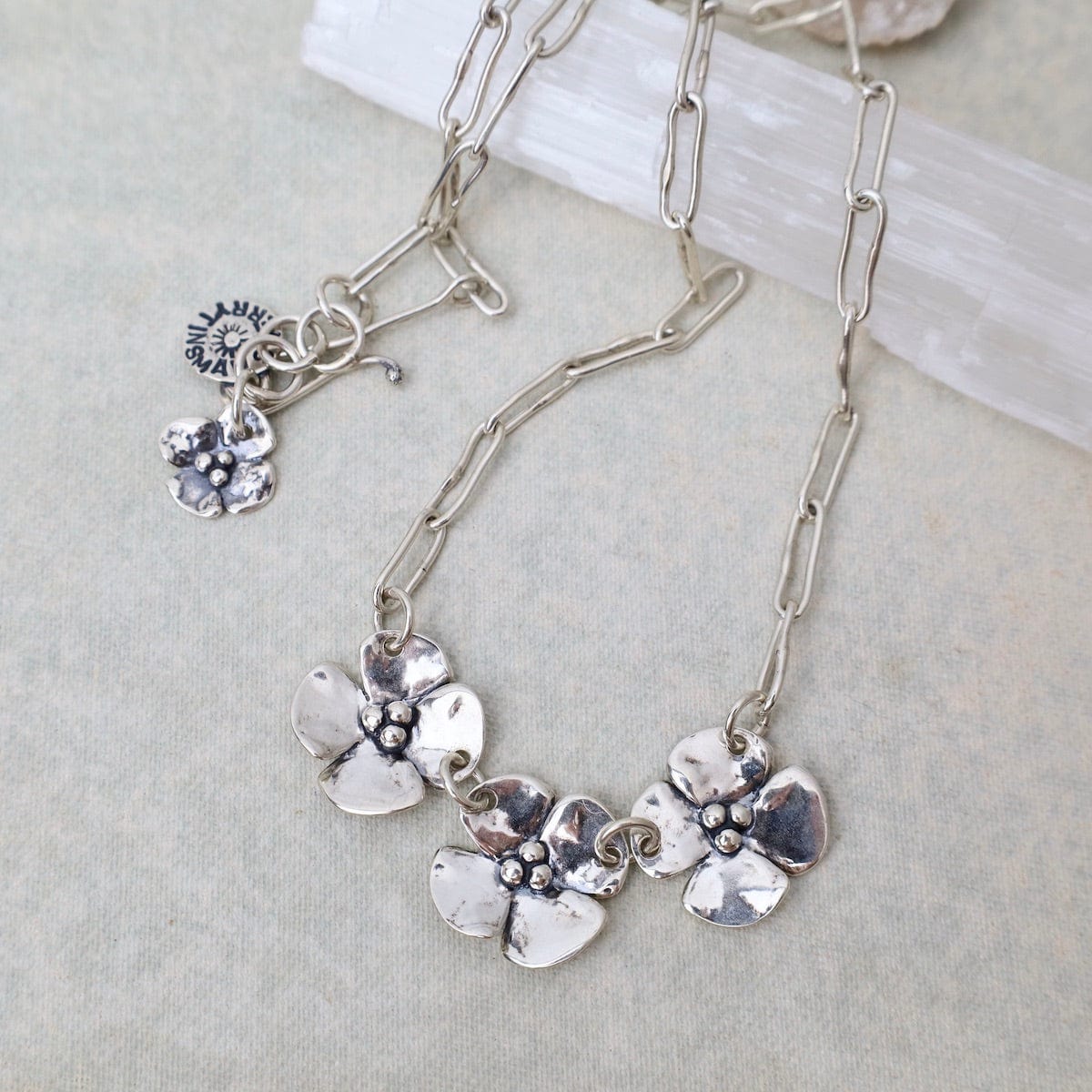 NKL Three Dogwood Flower Necklace on Short Oval Chain