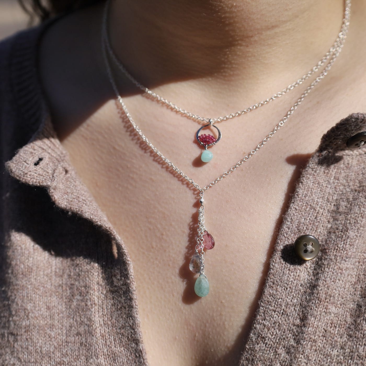 NKL Tiny Arabesque Woven with Amazonite, Pink Tourmaline Necklace
