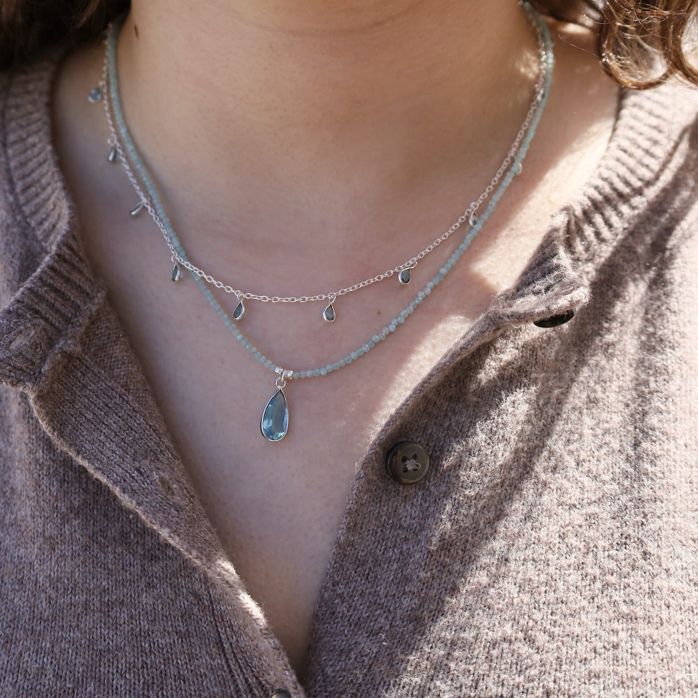 NKL Tiny Silver Bezel Blue Quartz Teardrops Necklace