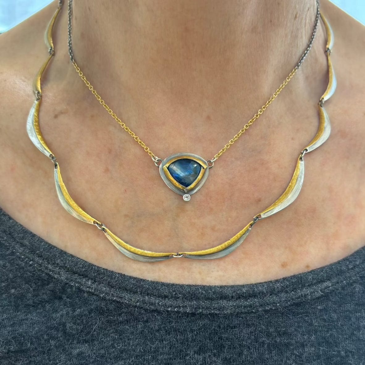 NKL Tri Fold Split Necklace with Blue Kyanite & White Topaz