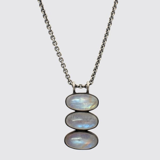 NKL Triple Glowing Rainbow Moonstone Oval Cabochon Pendant Necklace