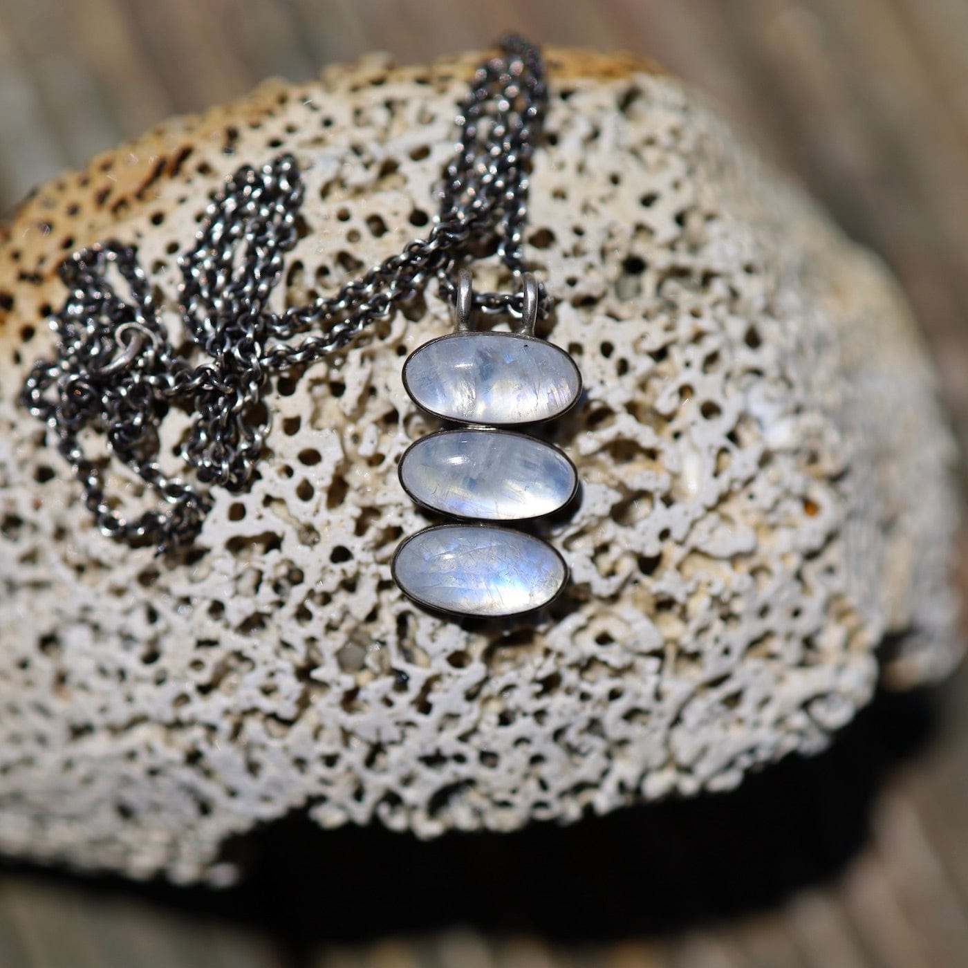 NKL Triple Glowing Rainbow Moonstone Oval Cabochon Pendant Necklace