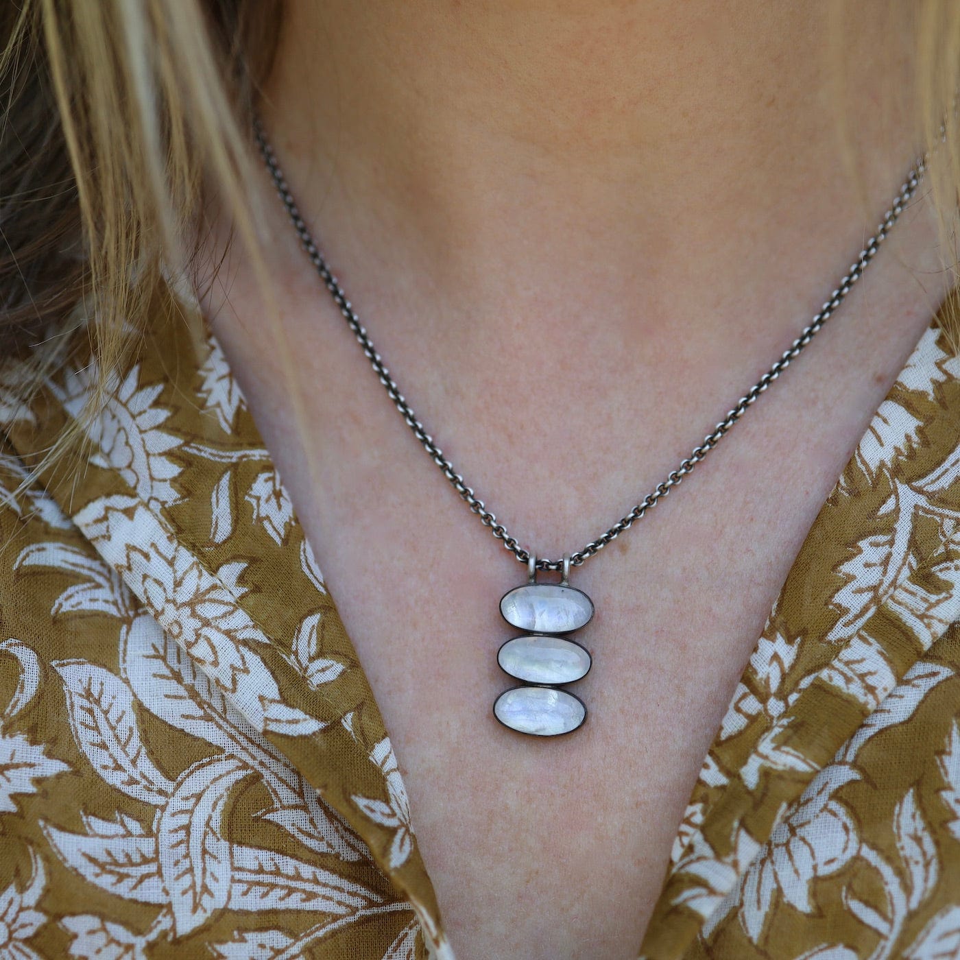 NKL Triple Glowing Rainbow Moonstone Oval Cabochon Pendant Necklace