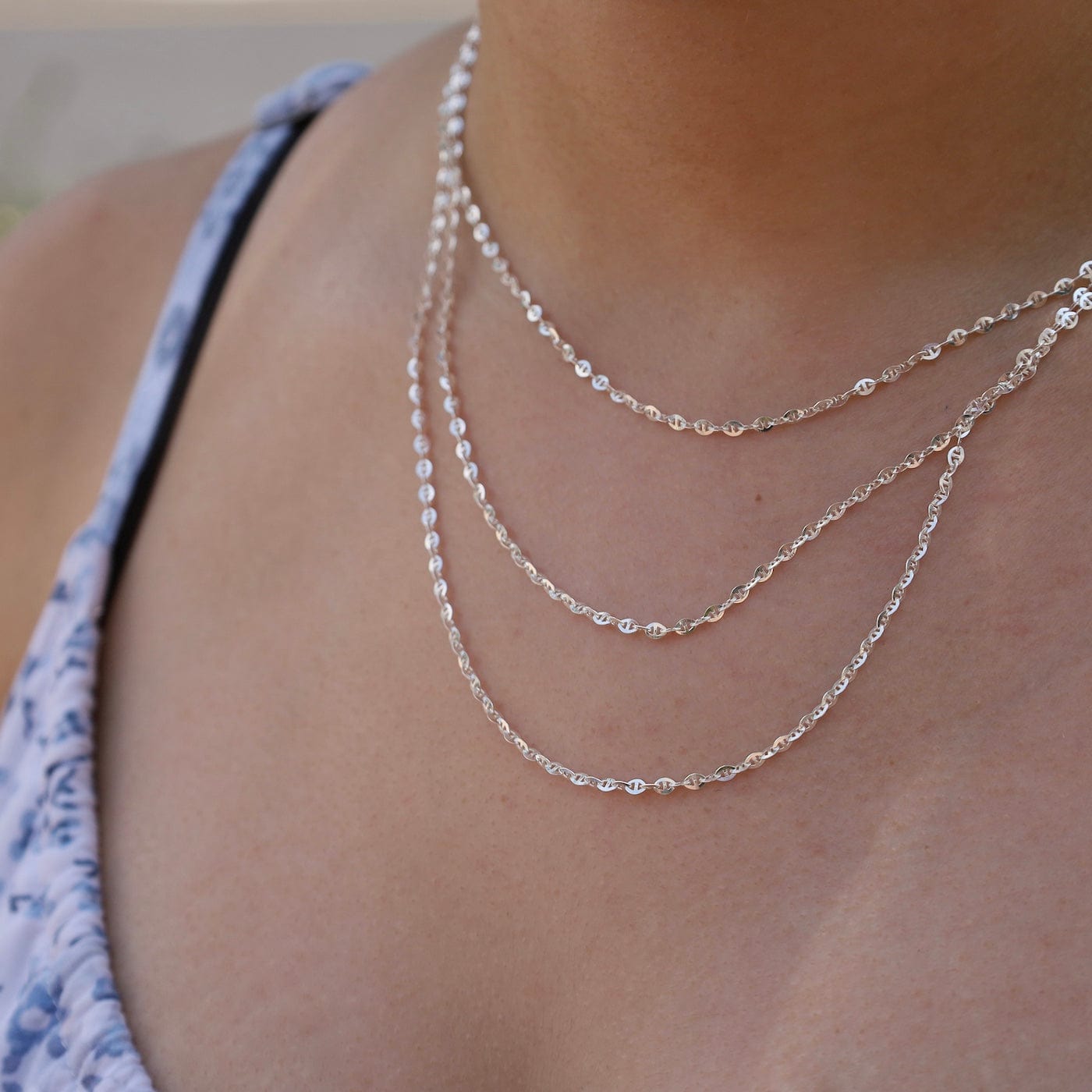 nkl Triple Strand Sterling Silver Flat Anchor Chain Necklace