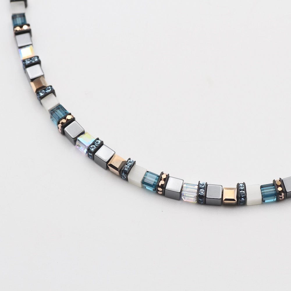 NKL TURQUOISE AND HEMATITE SMALL GEO CUBE NECKLACE