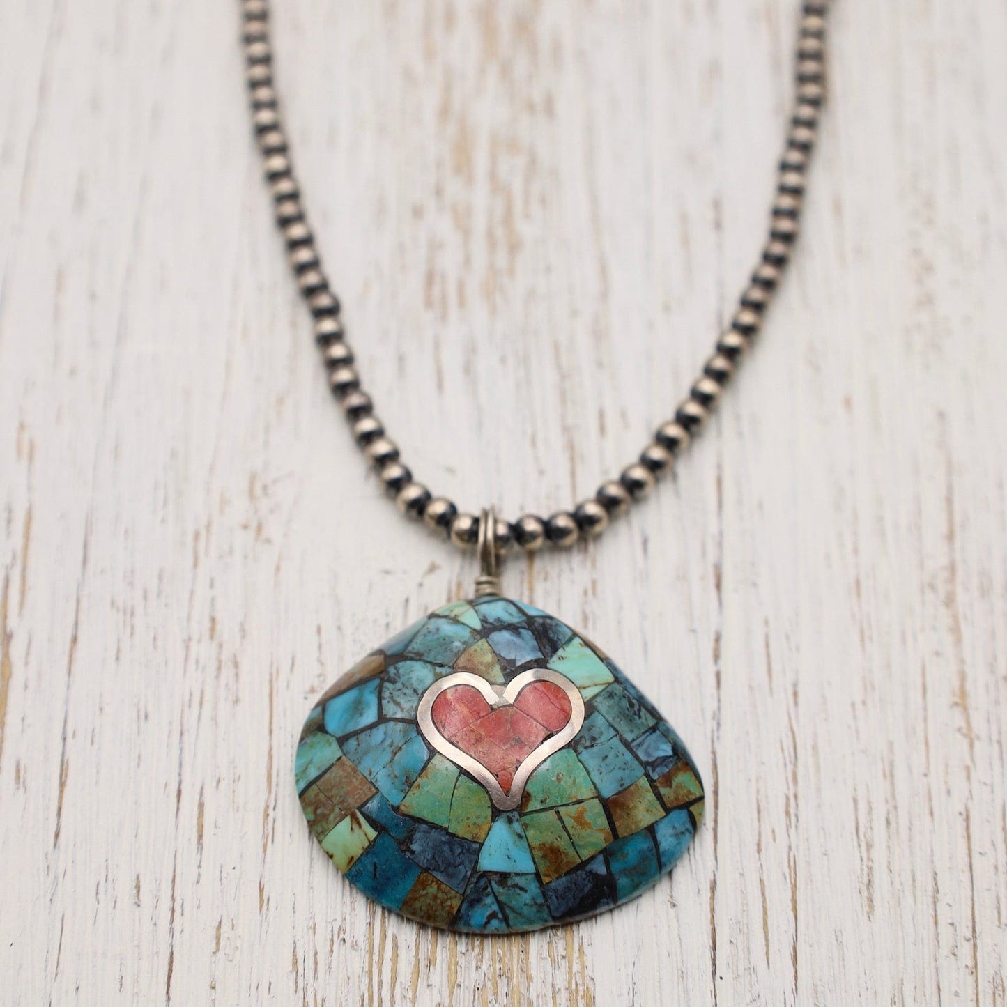 NKL Turquoise Covered Shell with Heart Necklace