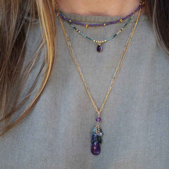 NKL-VRM Amethyst Coin On Apatite Mix Necklace