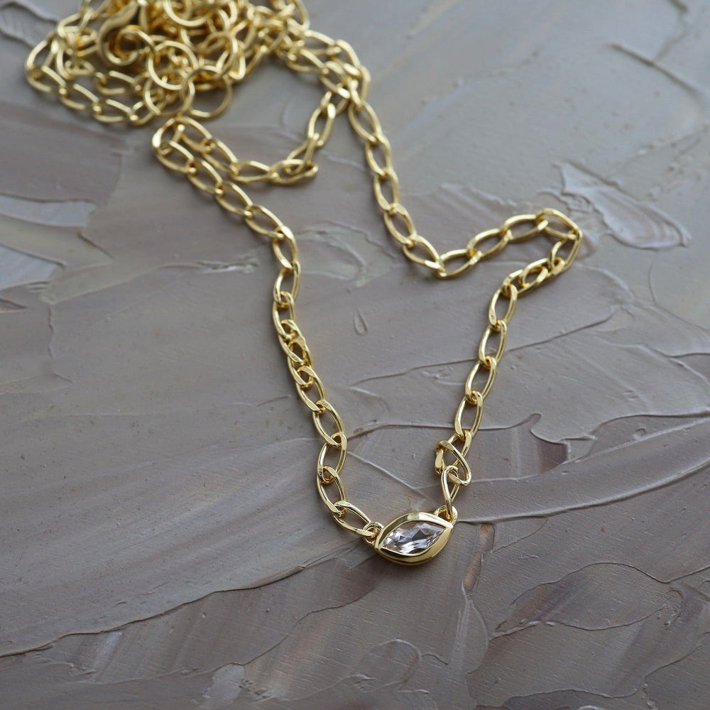 
                  
                    NKL-VRM Bezel Set Marquise White Topaz on Gold Vermeil Cut Curb Chain
                  
                