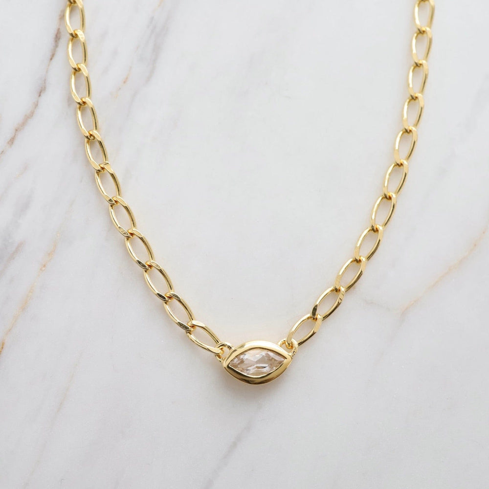 NKL-VRM Bezel Set Marquise White Topaz on Gold Vermeil Cut Curb Chain