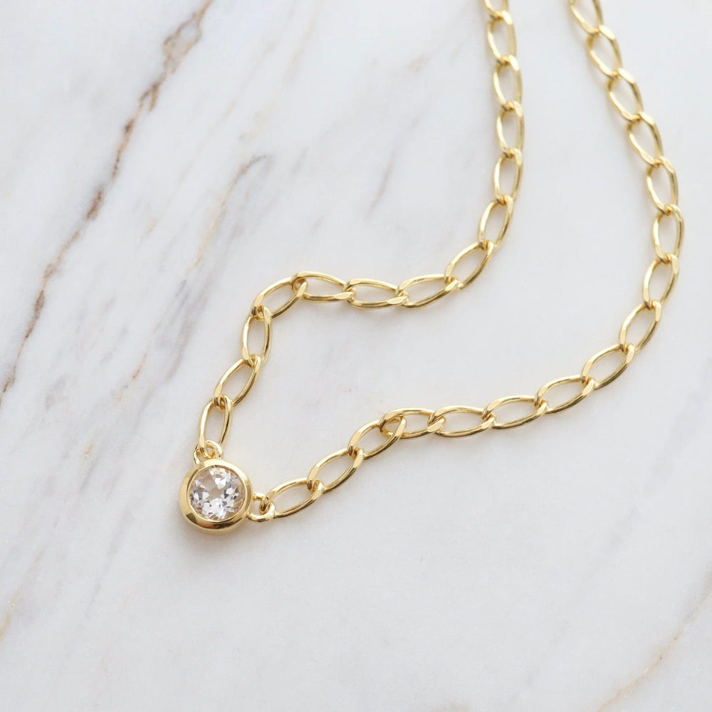 NKL-VRM Bezel Set Round White Topaz on Gold Vermeil Cut Curb Chain