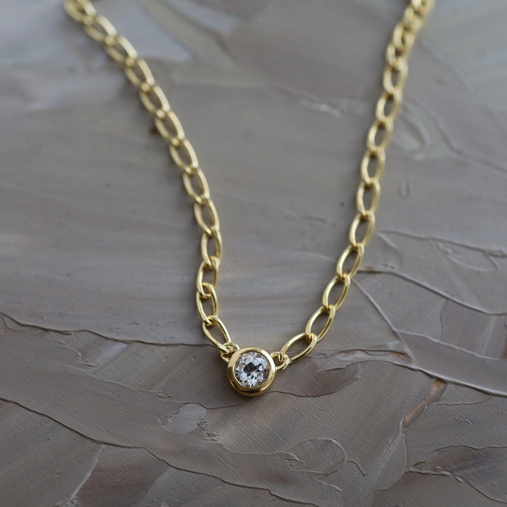 
                  
                    NKL-VRM Bezel Set Round White Topaz on Gold Vermeil Cut Curb Chain
                  
                