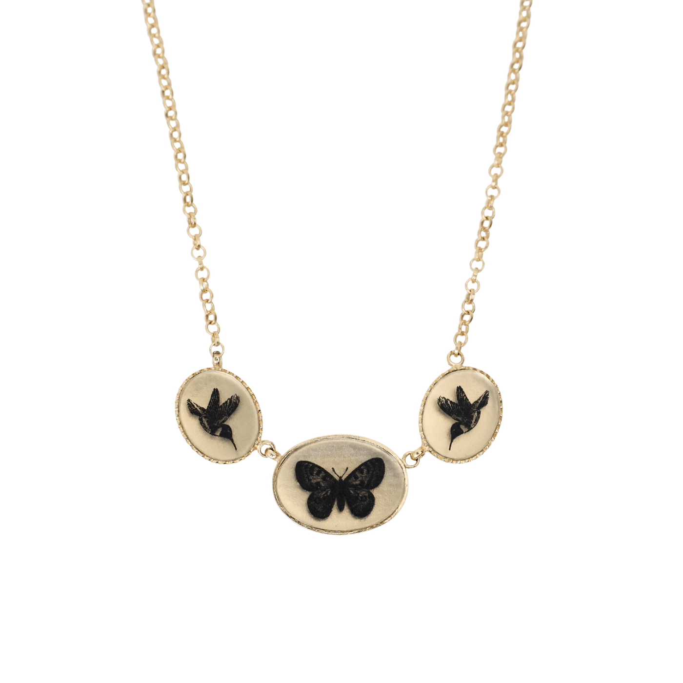 NKL-VRM Butterfly and Hummingbird Triple Charm Necklace