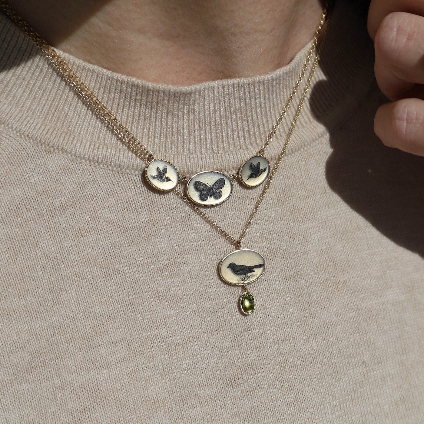 NKL-VRM Butterfly and Hummingbird Triple Charm Necklace