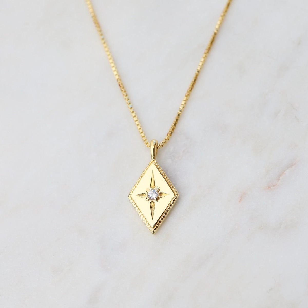 NKL-VRM Diamond Shape with Star-set CZ Box Chain Necklace - Gold Vermeil