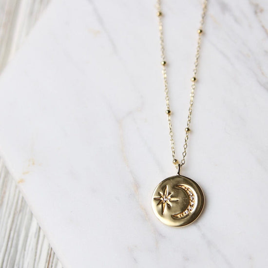 NKL-VRM Disc with CZ Pave Moon & Star Set CZ Star - Gold Vermeil
