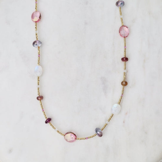 NKL-VRM Gold Glass Necklace with Moonstone, Pink Sapphires