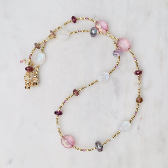 NKL-VRM Gold Glass Necklace with Moonstone, Pink Sapphires