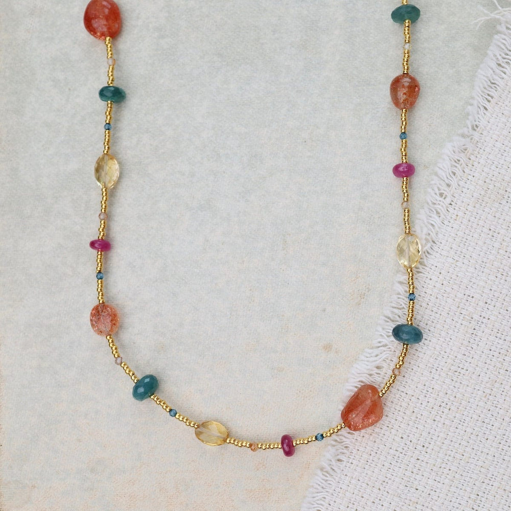 
                      
                        NKL-VRM Gold Glass, Sunstone, Grandidierite Ruby Necklace
                      
                    