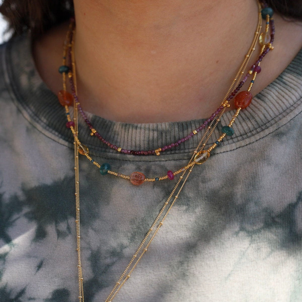 
                      
                        NKL-VRM Gold Glass, Sunstone, Grandidierite Ruby Necklace
                      
                    