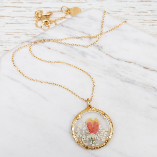 NKL-VRM Orange Hearts Small Glass Botanical Necklace - 18K Gold Vermeil