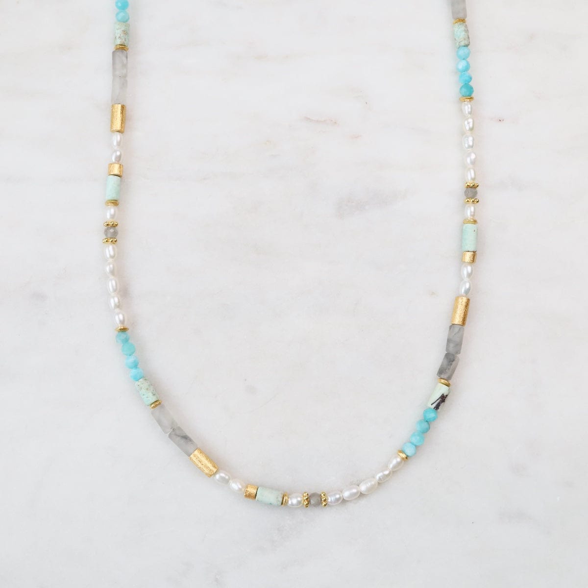 NKL-VRM Pearl Labradorite Chrysocolla Opalite Necklace