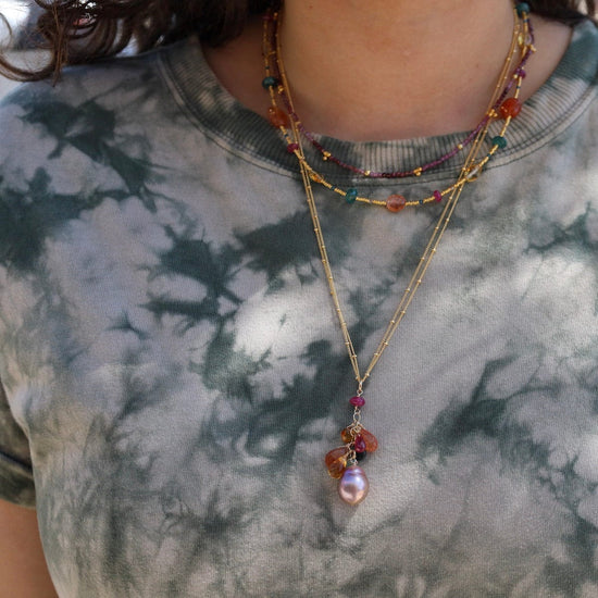 NKL-VRM Pink Edison Pearl, Sunstone, Grandidierite, Ruby Necklace