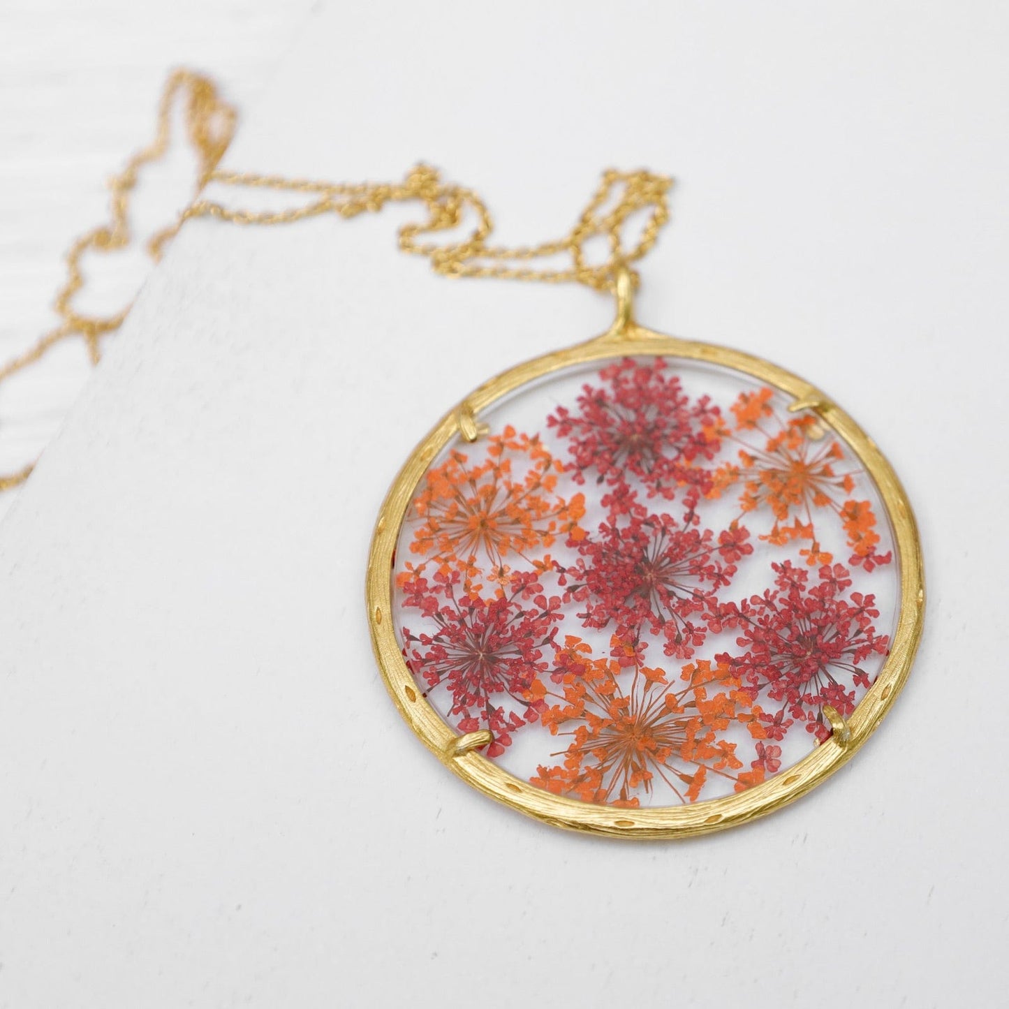 NKL-VRM Red & Orange Queen Anne's Lace Extra Large Botanical Necklace - 18k Gold Vermeil