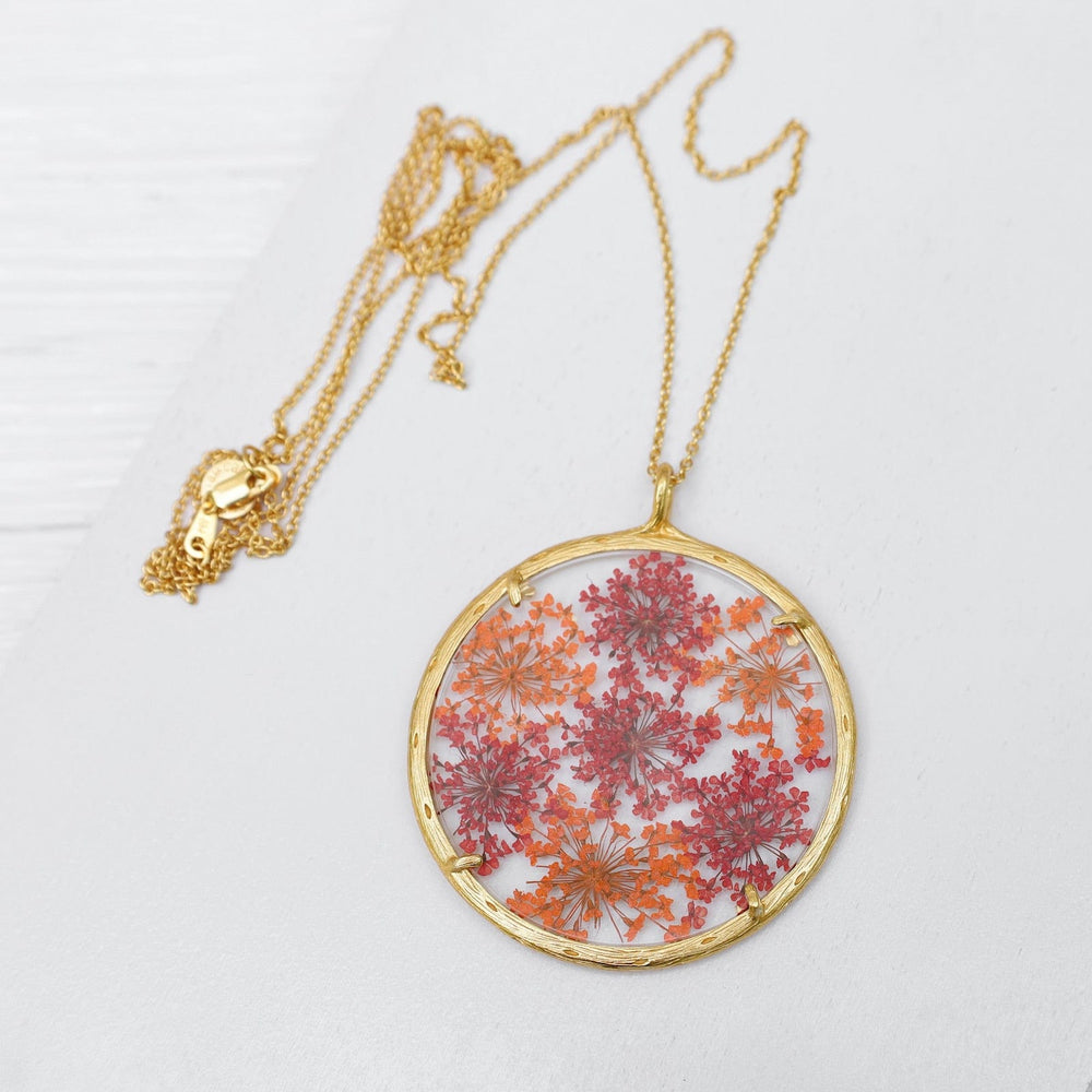 
                  
                    NKL-VRM Red & Orange Queen Anne's Lace Extra Large Botanical Necklace - 18k Gold Vermeil
                  
                