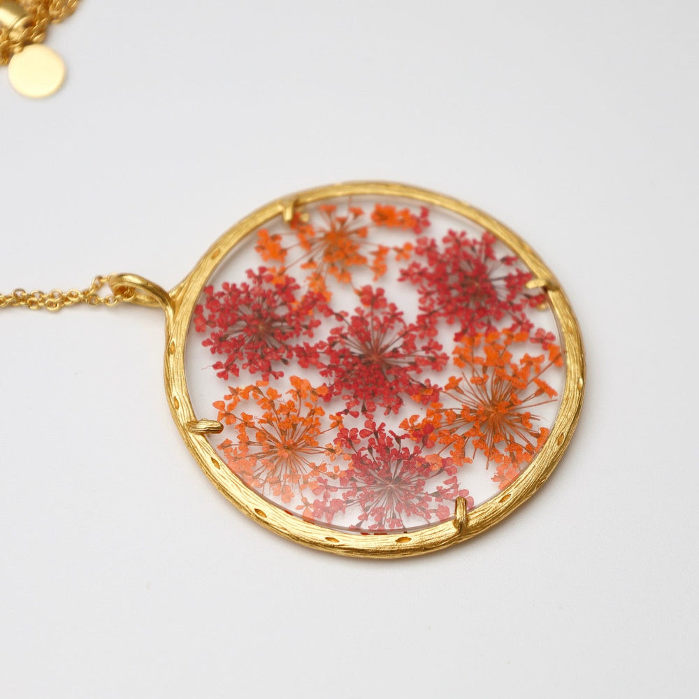 NKL-VRM Red & Orange Queen Anne's Lace Extra Large Botanical Necklace - 18k Gold Vermeil