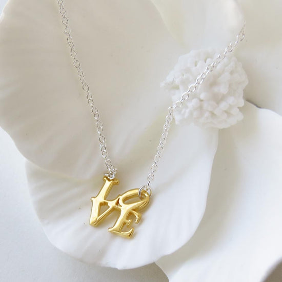 NKL-VRM Two Tone Gold Vermeil & Silver Polished Mini LOVE Sculpture Necklace