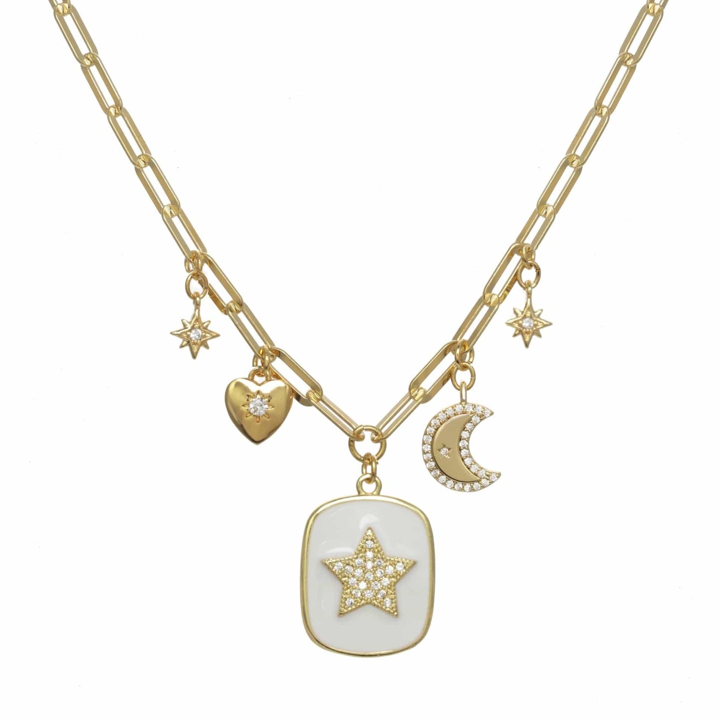 NKL-VRM White Enamel Celestial Charm Necklace