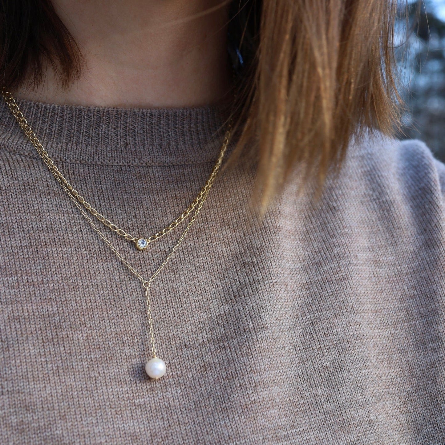 NKL-VRM White Pearl "Y" Necklace in Gold Vermeil