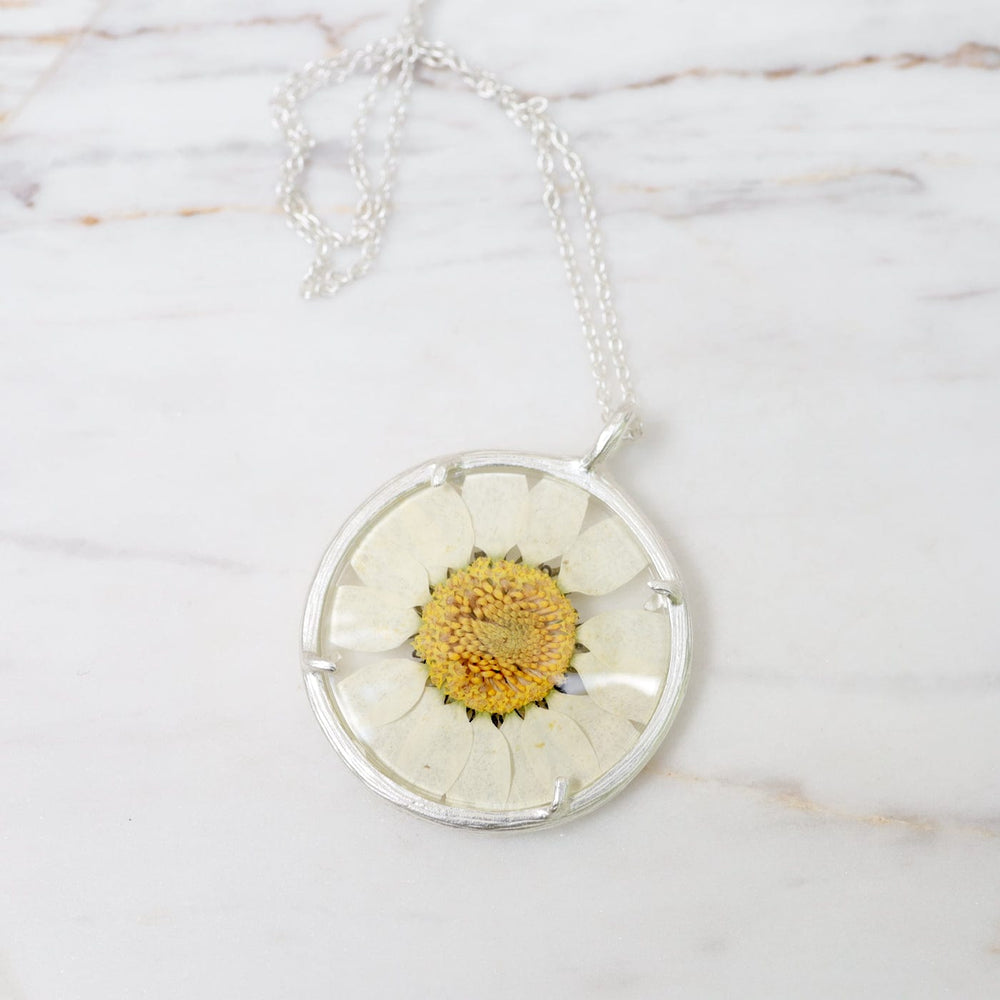 NKL White Daisy Large Glass Botanical Necklace - Sterling Silver