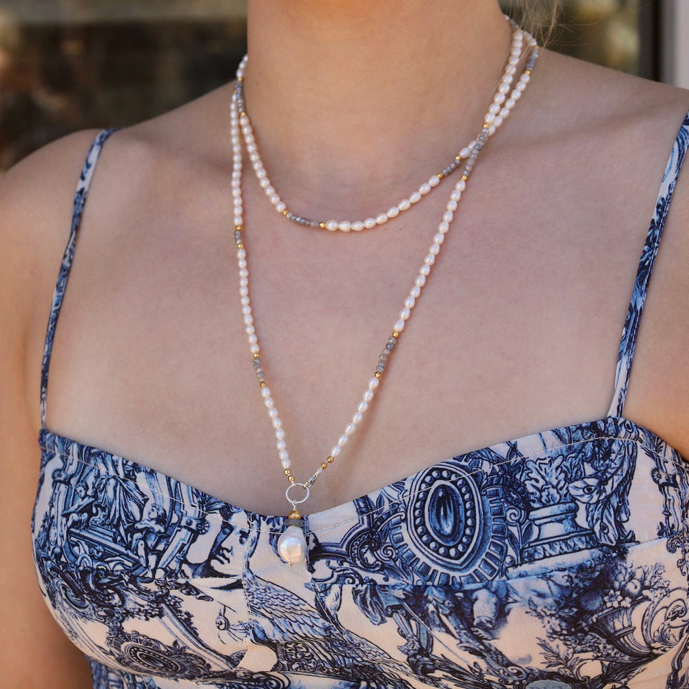 NKL White Pearl and Labradorite Wrap Around Necklace