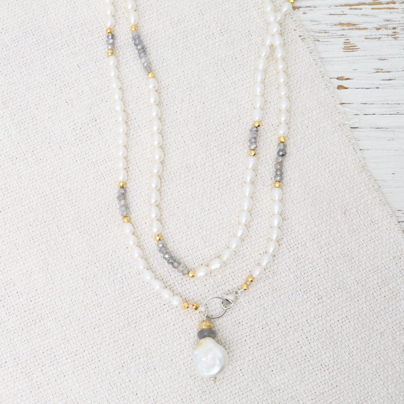 NKL White Pearl and Labradorite Wrap Around Necklace