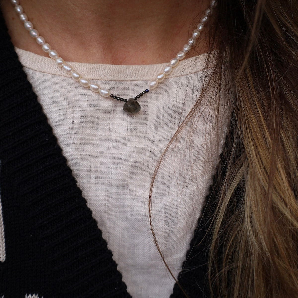 NKL White Pearl with Labradorite Drop Necklace