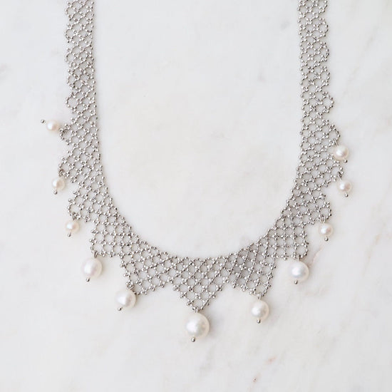 NKL Wide Lace Points with White Pearls Necklace