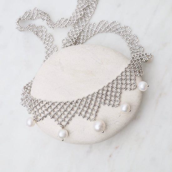 NKL Wide Lace Points with White Pearls Necklace