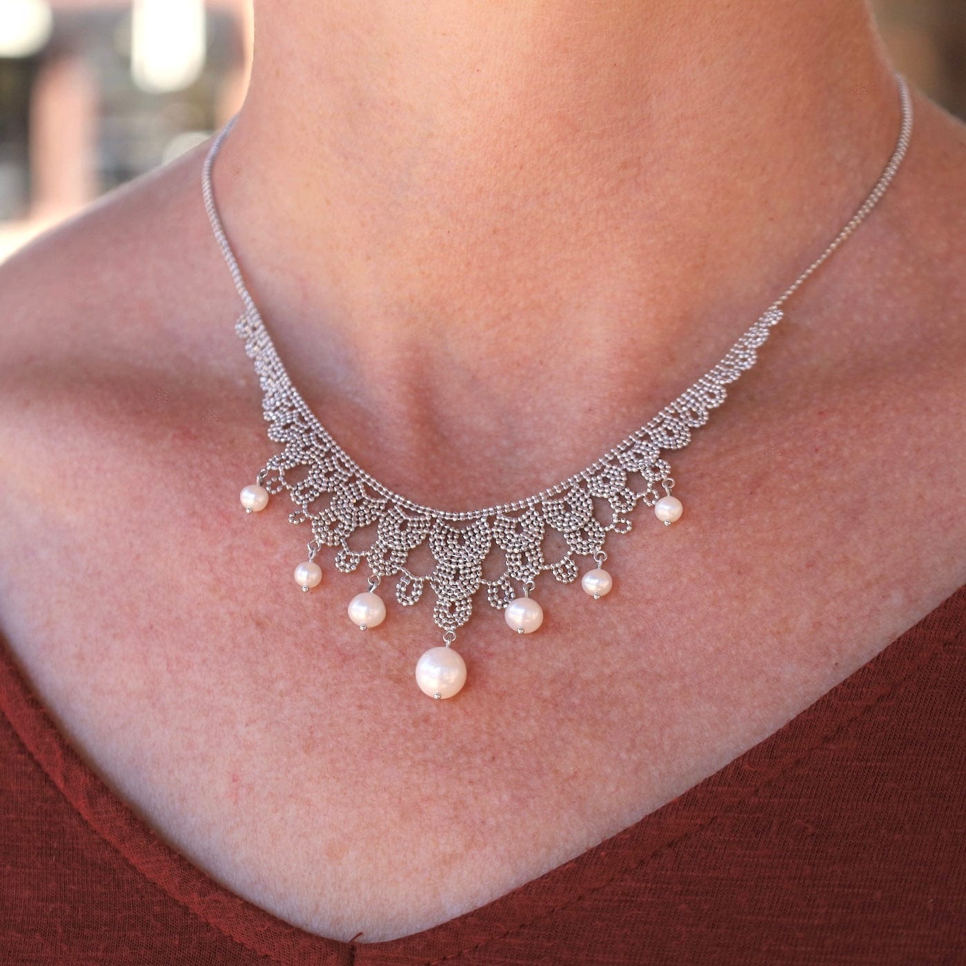 NKL Woven Sterling Silver Seven Pearl Lace Draped Necklace