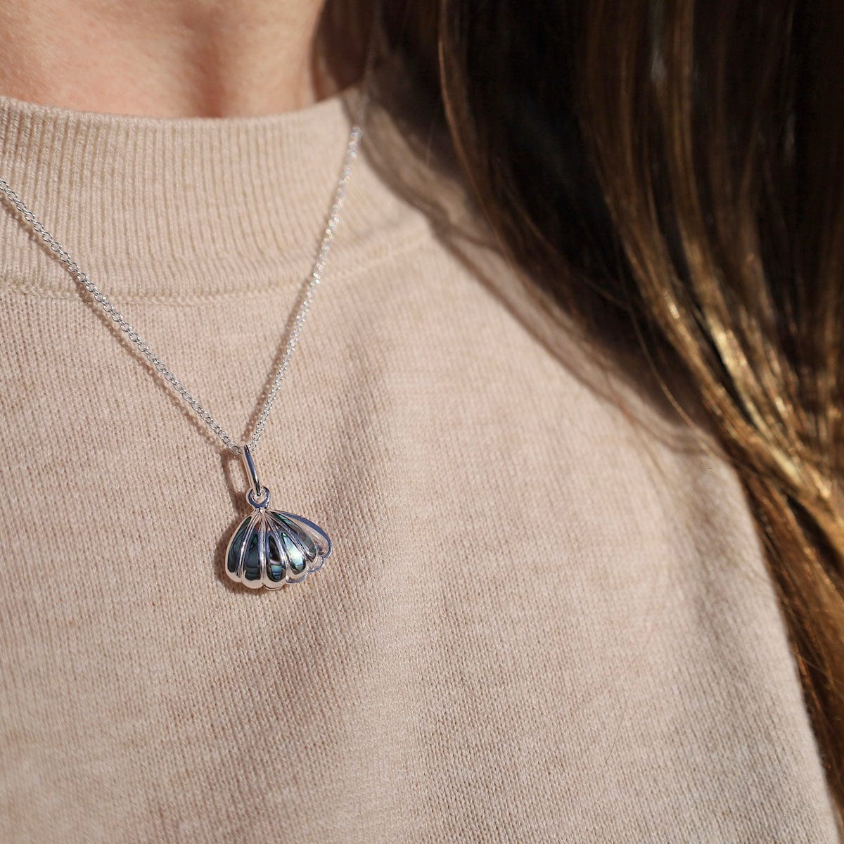 PND Sterling Silver Double Shell with Pearl Pendant Necklace
