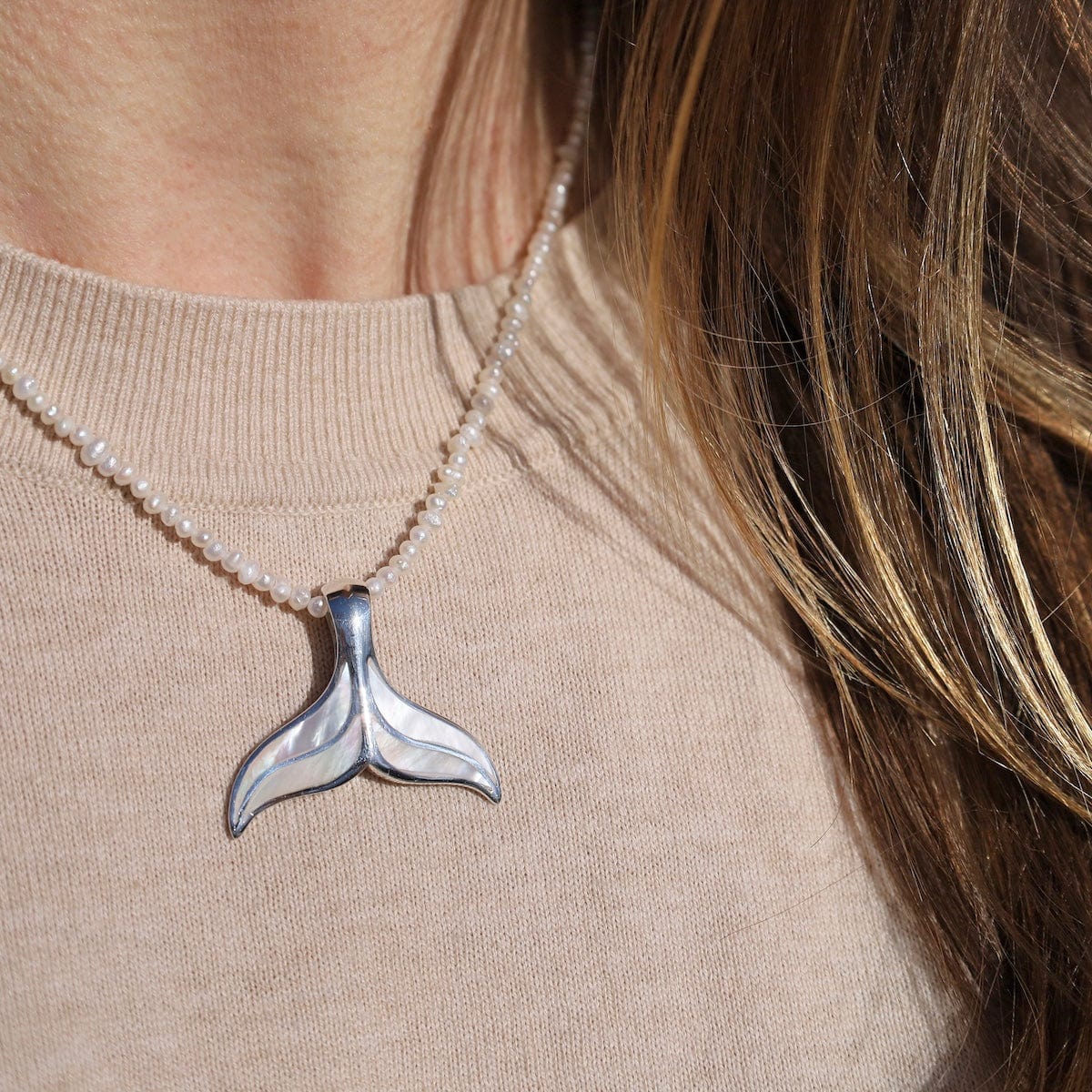PND Sterling Silver Large Whale Tail with Mother Of Pearl Inlay - Pendant Only