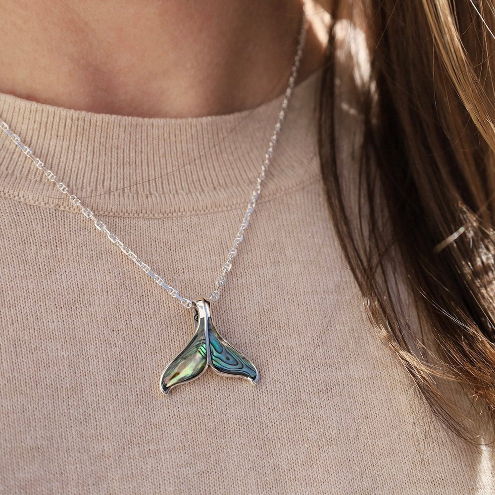PND Sterling Silver Medium Whale Tail with Abalone Inlay Necklace