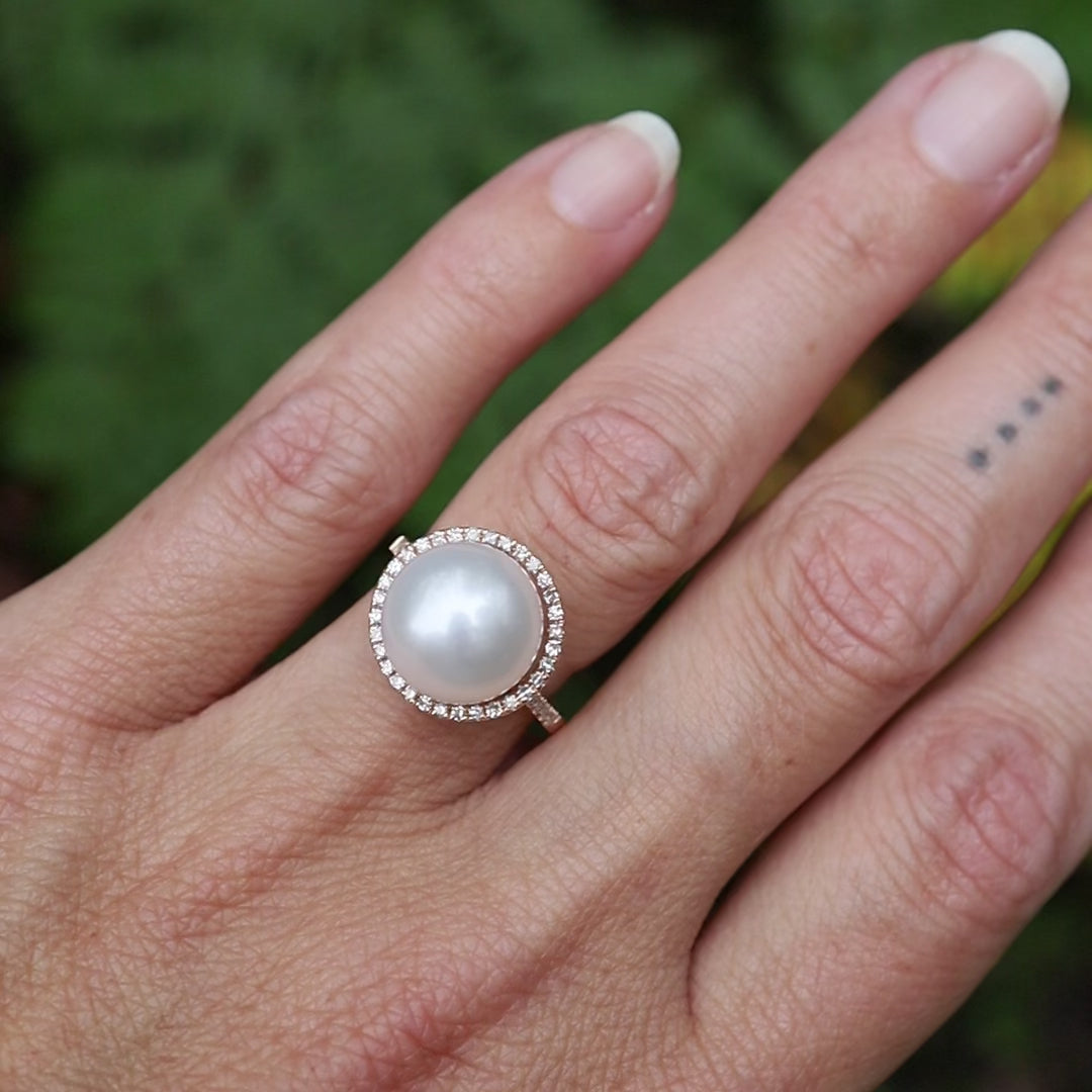 Large Pearl with Diamond Halo Ring