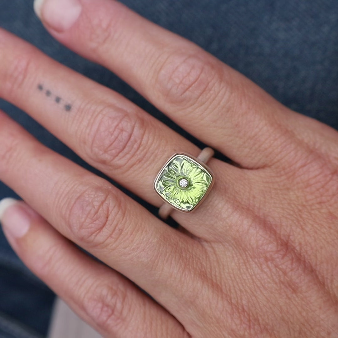 Jamie Joseph Carved Flower Peridot & Diamond Ring