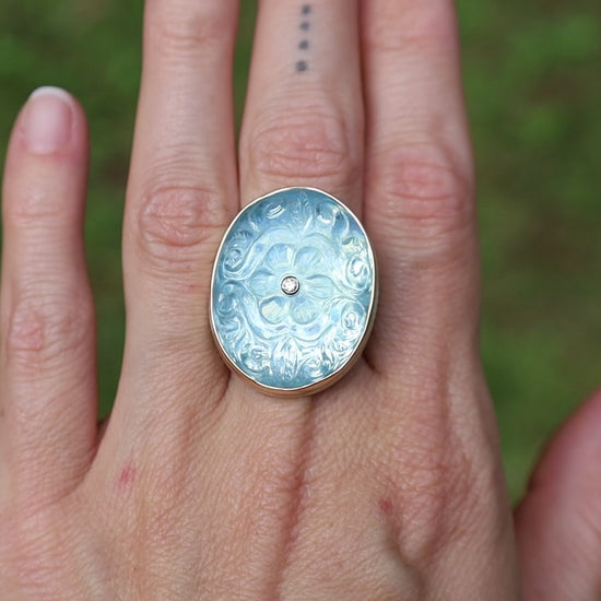 Load and play video in Gallery viewer, Sterling &amp;amp; 14K Gold Ring with Vertical Oval Hand Carved Aquamarine Flower with Diamond
