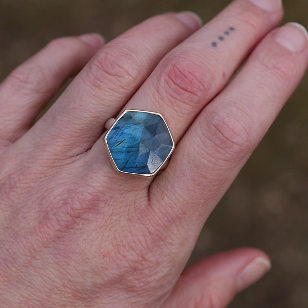 Load and play video in Gallery viewer, Jamie Joseph Ring with Hexagonal Rose Cut Labradorite
