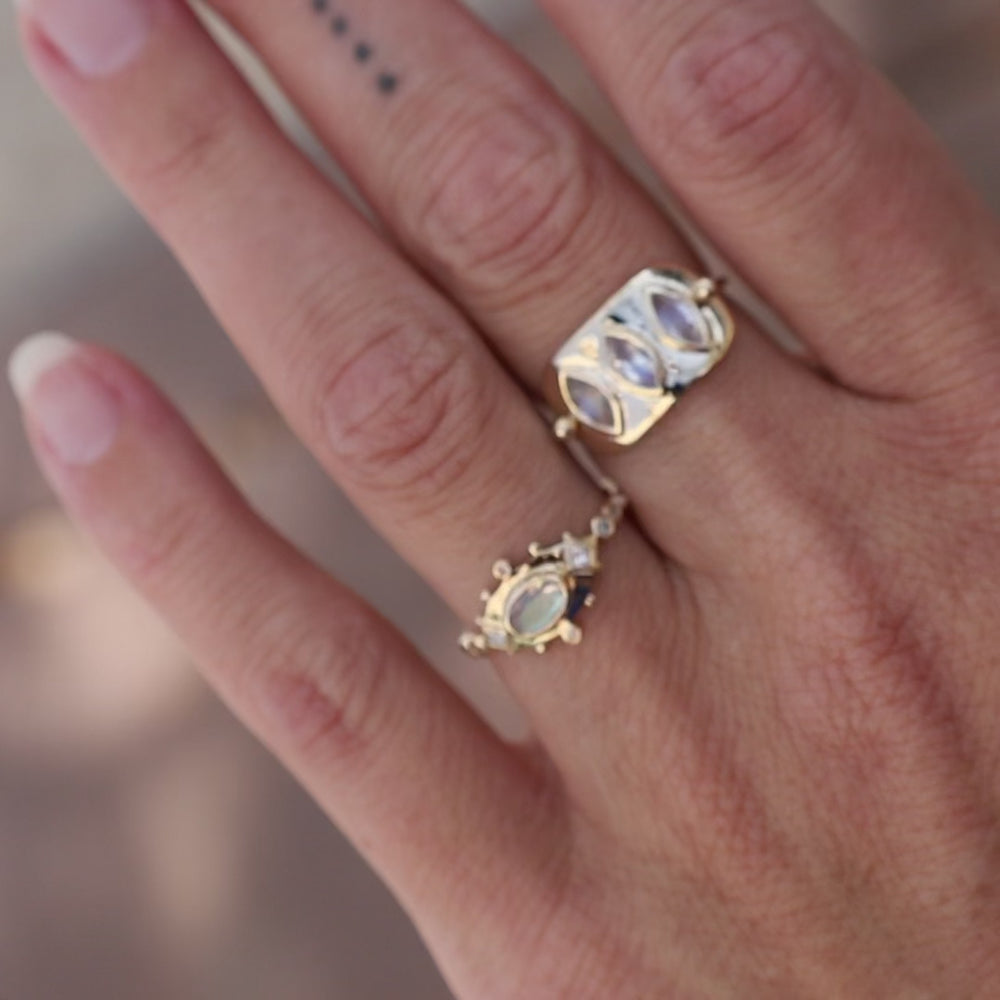 
                      
                        Load and play video in Gallery viewer, Triple Marquise Moonstone Solid Gold Plate Ring
                      
                    